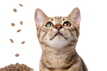 Ultra realistic cat portrait, close-up, cat with mouth gently closed, focused curious expression, eyes looking upward, dry cat food kibble falling around the cat, frozen mid-air, sharp focus, high det