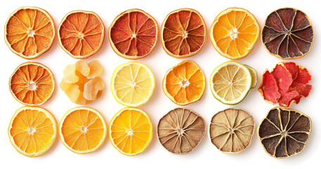 Set of dried citrus fruits isolated on a transparent background, top view.	
