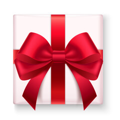 Realistic gift box with satin bow. Ideal for gift wrapping, holiday decoration, weddings and celebrations. High quality design isolated on transparent background