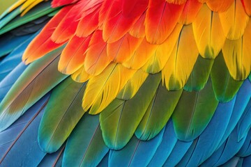 Obraz premium Macro close-up of vibrant, colorful macaw feathers arranged in a rainbow gradient, showcasing intricate textures and bold hues.