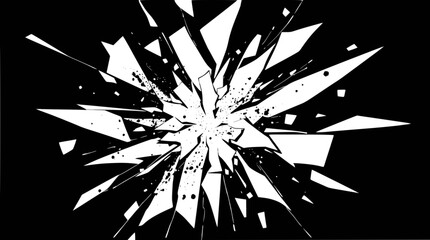Obraz premium Abstract graphic of white shattered glass fragments exploding outwards on a stark black background.