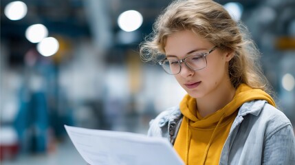 Studying technical documents in a factory setting during work hours