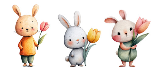 Fototapeta premium Watercolor rabbit set with spring tulips. Cute bunny illustrations perfect for Easter cards, nursery decor, or baby shower designs with cartoon characters. Vector illustration.