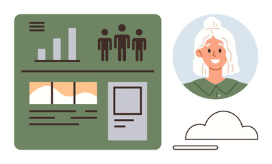 Data analysis, teamwork, user profiles, cloud storage, digital management, and business solutions. Green dashboard features graphs, icons and profile portrait. Data analysis and teamwork concepts © robu_s
