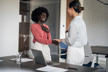 Diverse businesswomen shaking hands during meeting in modern office