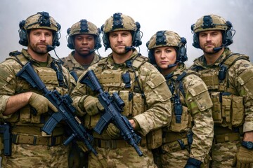 Obraz premium A group of soldiers stand in a line, all wearing camouflage uniforms