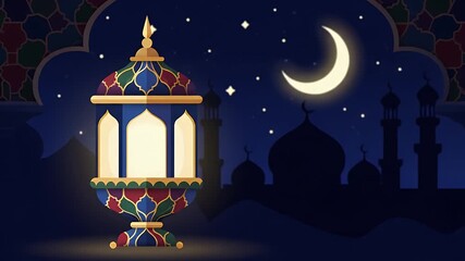 Vibrant Flat Animated Islamic Lamp Tracking Left with Soft Glow in Serene Ramadan Night Scene
