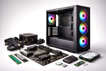 Obraz premium A computer case with a black keyboard and a black monitor