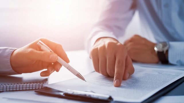 Close up of business people hands pointing at document during meeting