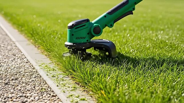 Green electric grass trimmer cutting edge of lawn near gravel pathway outdoor gardening tool in