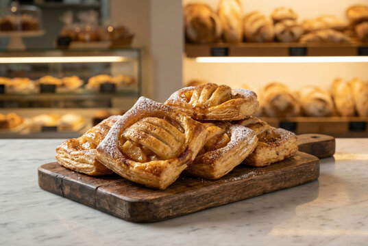 Fresh Apple Danish Pastries with Puff Pastry and Powdered Sugar in Bakery Display