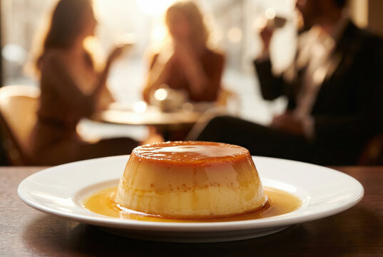 Caramel Flan Dessert in a Cozy Caf&eacute; Ambiance