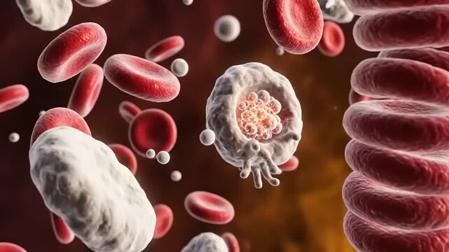 Medical illustration of blood cells and platelets in a microscopic view