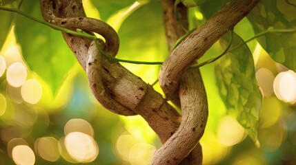 Two Tropical Trees with Intertwined Branches and Leaves Swaying Gently in Sync with the Breeze, Golden Hour Lighting, Shallow Depth of Field, Harmonious Composition