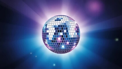 Shining disco ball with vibrant light beams in purple and blue nightclub scene