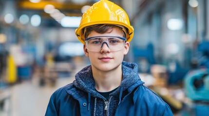 Young apprentice learning skills in an industrial workshop environment