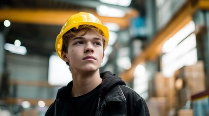 Apprentice learns industry skills in busy workshop environment while wearing safety gear