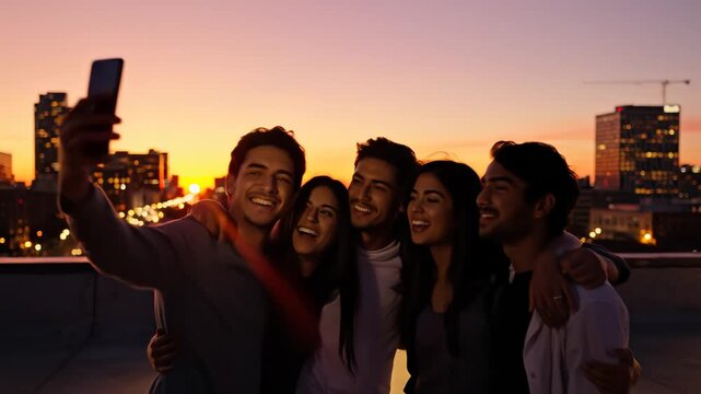 Group of friends taking a selfie at sunset