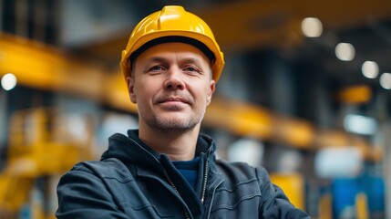 Experienced industrial engineer works in factory setting with safety gear and focused expression