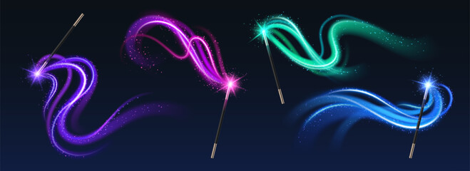 3D set of magic wands with light and sparkle effect isolated on black background. Vector realistic illustration of fairytale magician stick with color trails and sparkling swirls, wizard accessory © klyaksun