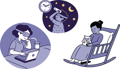 Nighttime work-life balance illustration. Includes woman working late, relaxing with cat, and nighttime scenery. Created in flat design with purple color palette.