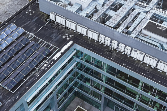 Aerial shot of solar panels on server building