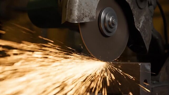 Closeup of industrial angle grinder cutting metal sparking workshop action