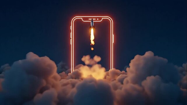 Rocket Launching from Smartphone Screen with Bright Flame and Clouds in Space