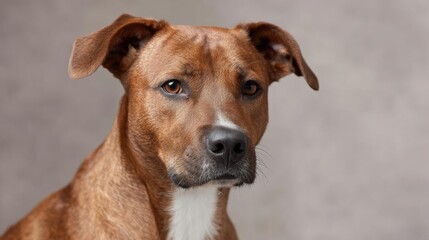 Close-up portrait of a brown dog. the dog appears to be a pit bull or a similar breed. it has a wrinkled face and a black nose. its ears are perked up and its eyes are looking directly at the camera.