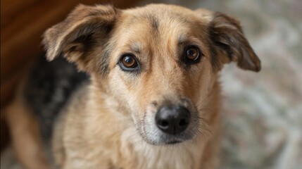 Fototapeta premium Close-up of a dog's face. the dog appears to be a mixed breed, possibly a german shepherd or a similar breed. it has a light brown coat with darker brown patches on its face and chest.