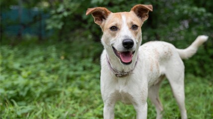 Close-up portrait of a small dog standing on a grassy field. the dog appears to be a jack russell terrier, with brown and white fur and a pink collar around its neck.