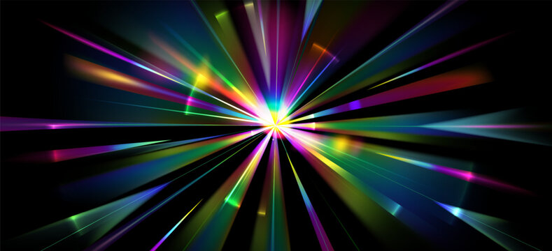 Bright light burst flare effect on black background. Vector realistic illustration of rainbow color halo with sparkle in middle, fast speed motion streaks, radial energy, rgb spectrum, space blast
