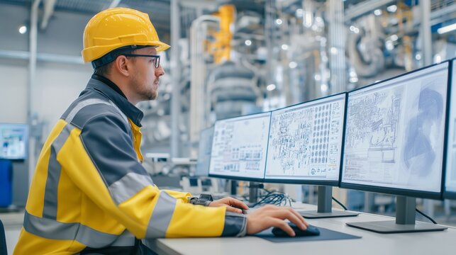 Engineer monitors smart factory systems in a modern industrial setting during the day - Powered by Adobe