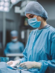 Female surgeon performing a critical operation in a sterile operating room, focusing on patient care and medical precision during a complex surgical procedure