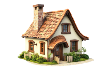 Detailed cartoon house illustration with pitched roof and chimney showing cozy design, welcoming appearance, and home charm in three dimensional digital art style 
