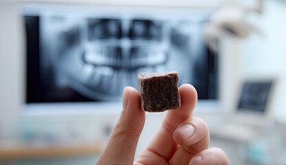 Close-up of a small, dark-brown, square candy held in a hand, in front of a dental X-ray image