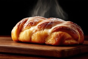 Golden-brown, sugared bread loaf, steaming slightly
