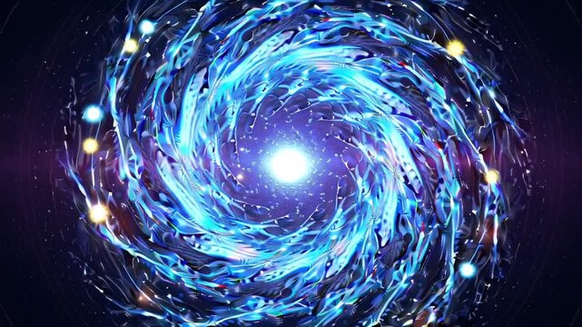 Cinematic 4K motion graphics, infinite swirling cosmic vortex fractal energy streams, neon blue purple particle trails, glowing sparks, flowing light ribbons, streaking stars, temporal distortion