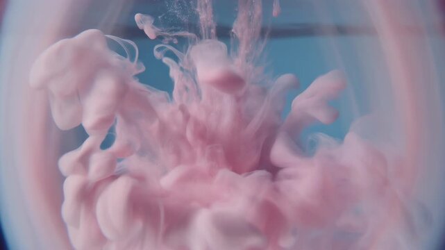 Delicate pink ink cloud swirling in clear blue water abstract fluid motion delicate bloom ethereal diffusion soft pastel organic shapes liquid art