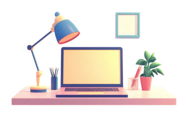 Friendly cartoon computer illustration depicting work, study, and digital activity in polished modern digital artwork for storytelling and lifestyle visuals isolated on transparent background PNG