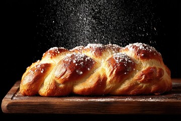 A braided loaf of bread, dusted with powdered sugar