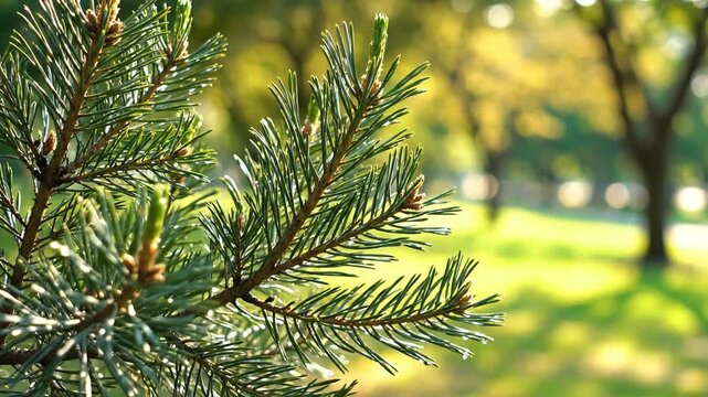Close-up of vibrant green pine needles in a sunlit forest.