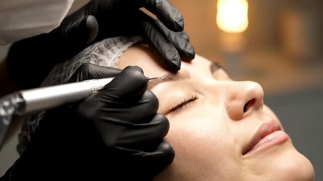 Eyebrow Microblading Procedure Closeup with Gloved Hands and Precision Tool