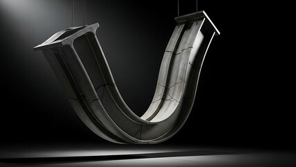 A sleek metal sculpture suspended in mid-air with dramatic lighting on a dark background showcasing its reflective surface and curved design