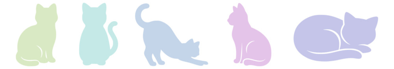 playful minimalist set of stylized cat silhouettes in different poses for modern design, decoration, branding and creative illustration use, stickers, vector