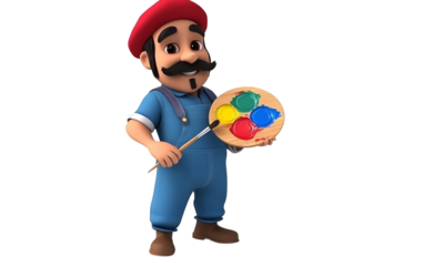 Energetic cartoon painter character demonstrating painting, imagination, and artistic passion in polished modern digital artwork isolated on transparent background PNG