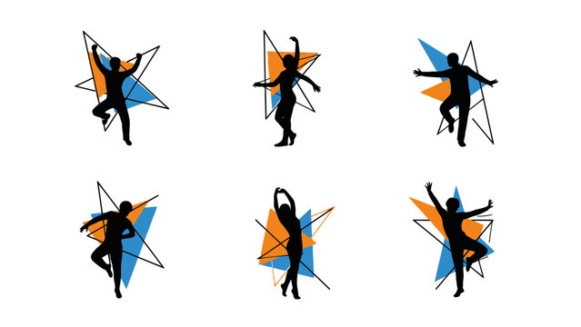 Dynamic silhouettes of people dancing with geometric shapes vector illustration