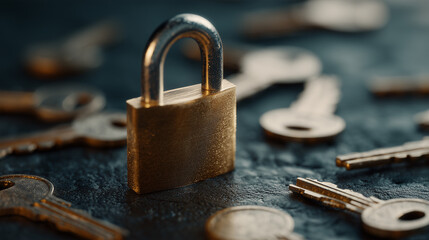 Secure padlock surrounded by keys symbolizing safety, privacy and data protection concept
