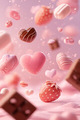 pastel pink valentine background, cute chocolate sweets floating softly, heart-shaped chocolates, strawberry chocolate, ribbons and small hearts, soft fluffy atmosphere, dreamy and sweet mood.