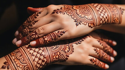 Beautifully adorned hands showcasing intricate brown henna designs, reflecting rich cultural traditions and the delicate artistry of temporary body adornment perfect for celebrations
